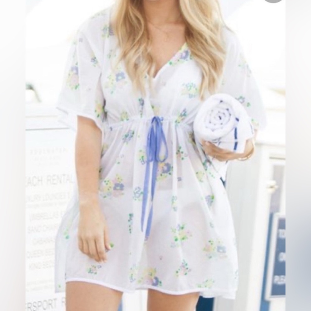 Beaufort Bonnet‎ Co. Floral Cotton Tunic OS White Pastel Caftan Cover-Up
